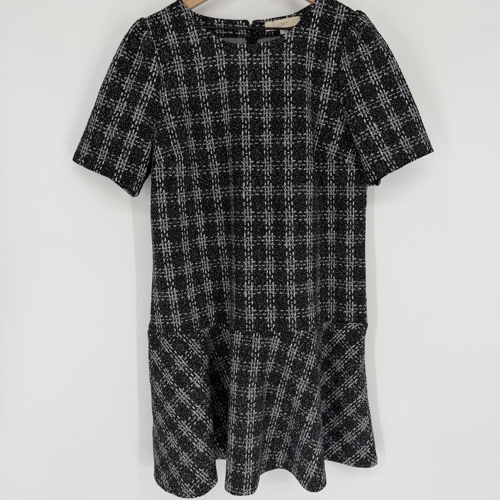 LOFT Black & White Large Plaid‎ Tweed Short Sleeve Flounce Hem Frill Mini Dress